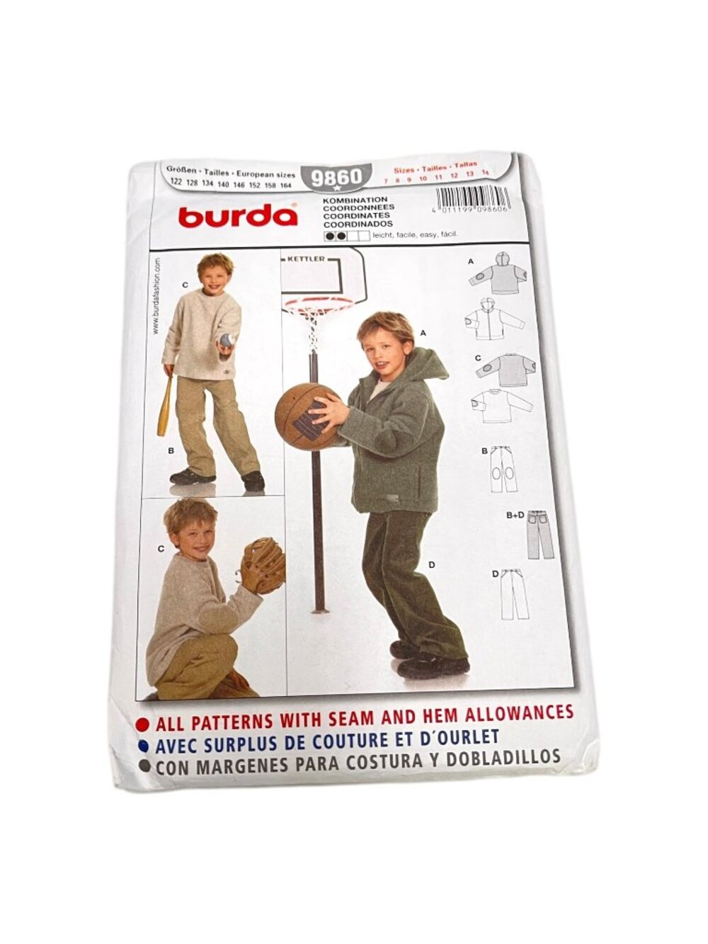 Burda‎ 9860 Pattern Boy Girl Hoodie Top Pants Jacket Size 7 8 10 12 14 Uncut